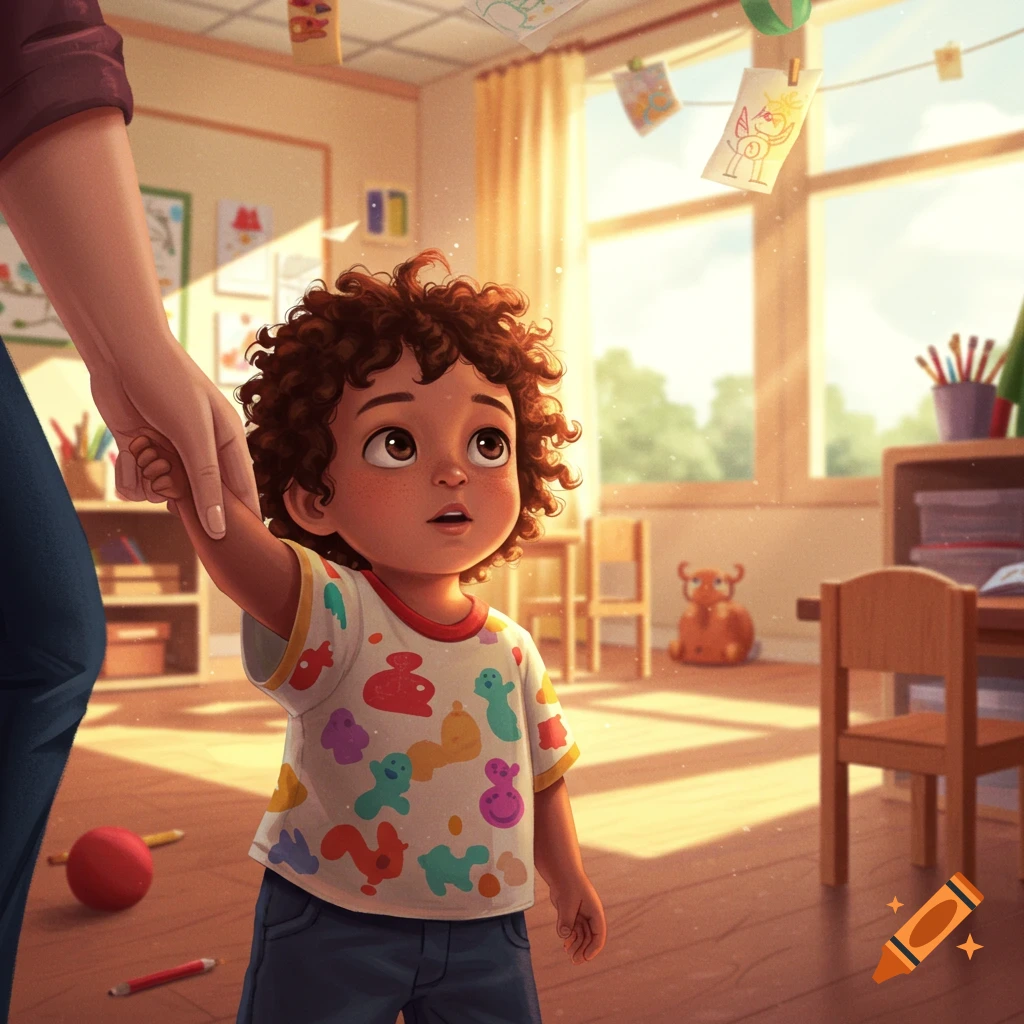 A young, curly-haired child holds an adult's hand, looking up in a bright, sunlit kindergarten classroom filled with drawings. Illustrated style.