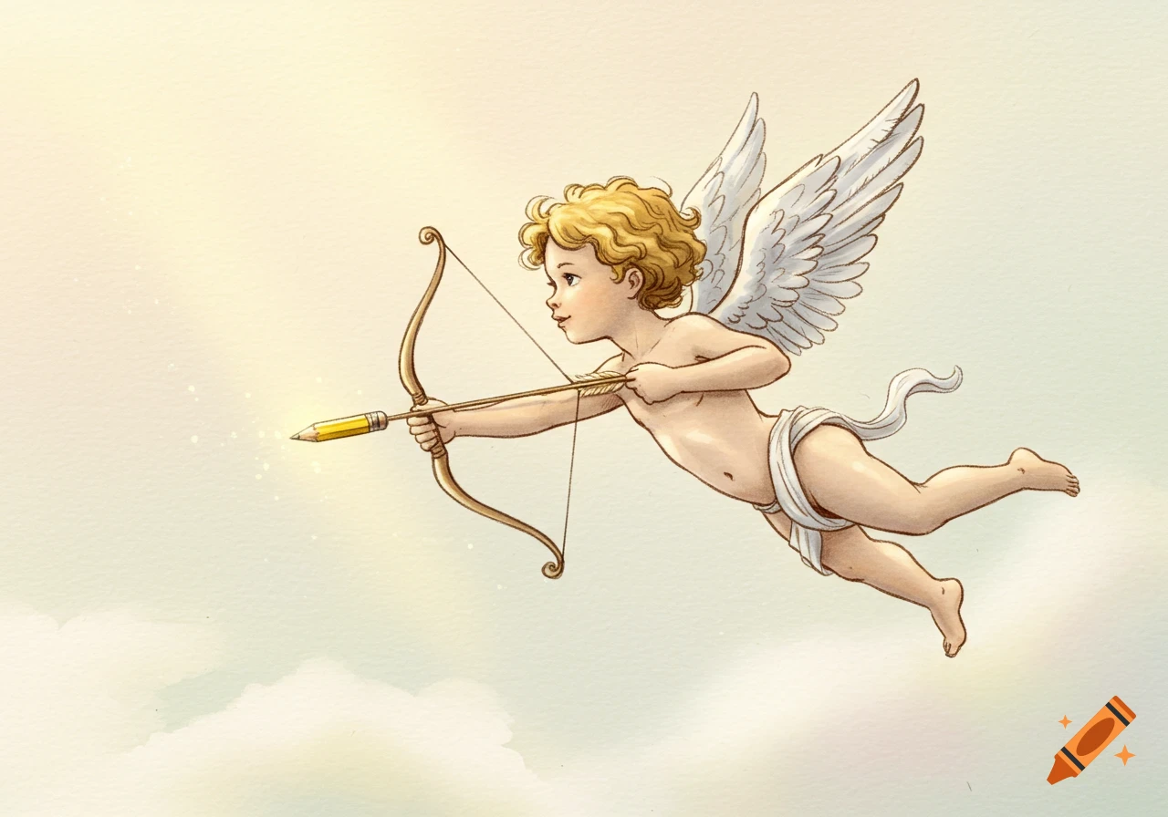 A cherubic Cupid with golden curls flies through a soft sky, aiming a bow with a glowing yellow pencil as an arrow, in a drawing style.