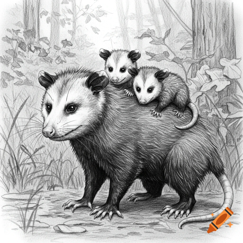 A detailed pencil drawing of a mother opossum carrying three babies on her back through a forest.