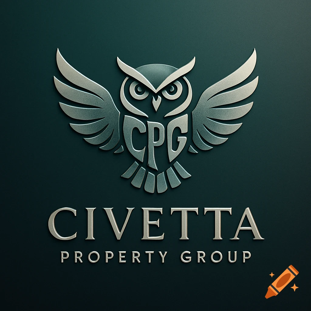 A silver metallic owl logo with 'CPG' on its body, and 'CIVETTA PROPERTY GROUP' text below, on a dark teal background.