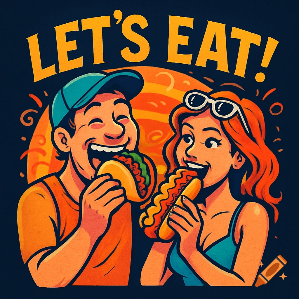 A colorful cartoon illustration of a smiling man eating a taco and a smiling woman eating a hot dog, with "LET'S EAT!" above them.