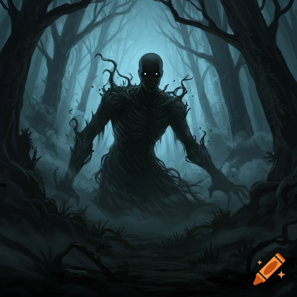 A shadowy, skeletal entity with glowing eyes stands in a dark, misty forest, surrounded by silhouetted trees.