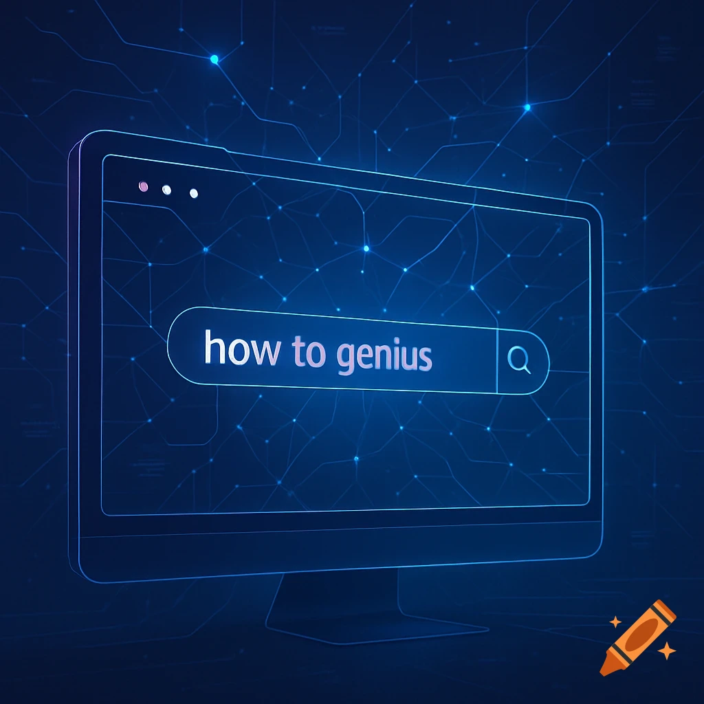 A glowing blue digital illustration of a computer monitor displaying a browser search bar with 'how to genius' typed into it, against a background of interconnected lines.