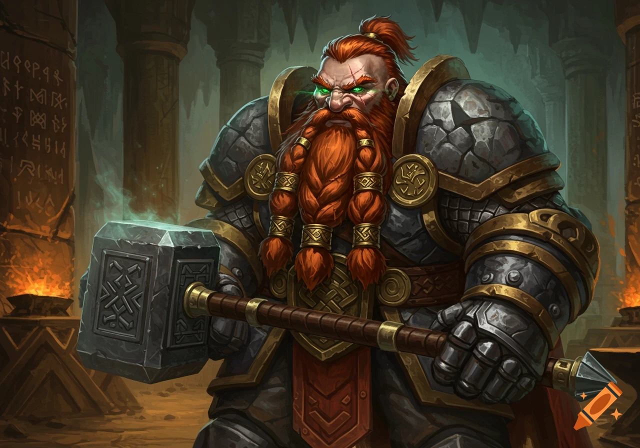 A powerful dwarf warrior with a braided red beard, green eyes, and heavy armor, holding a large, glowing warhammer in a stone hall.