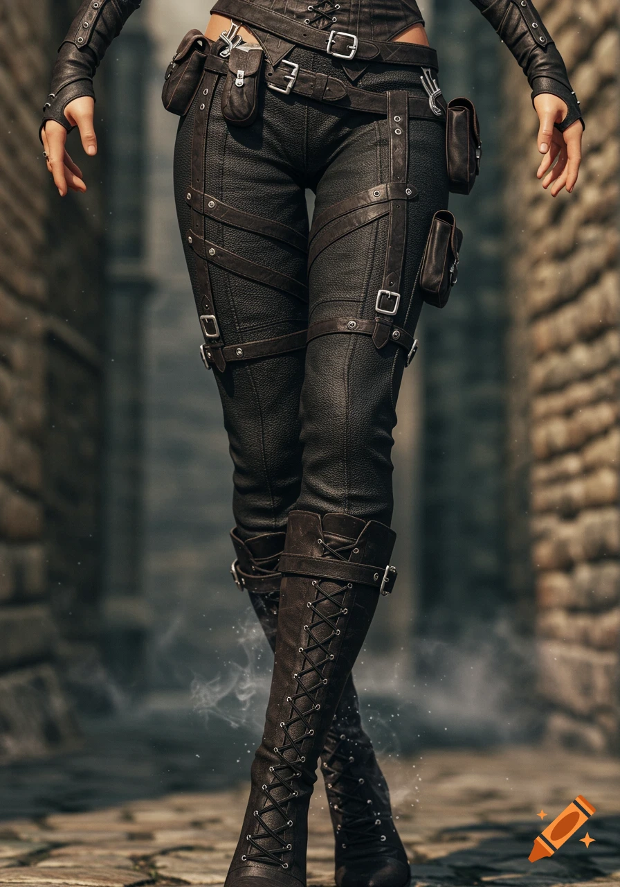 A person wearing black leather pants with straps and buckles and tall laced boots, standing in a stone alleyway.