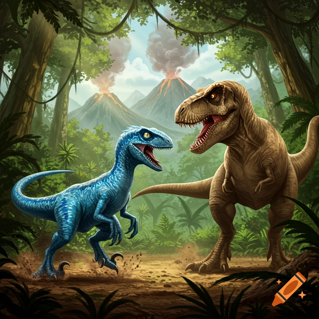 A blue raptor faces a T-Rex in a lush jungle with erupting volcanoes in the background, in a stylized illustration.