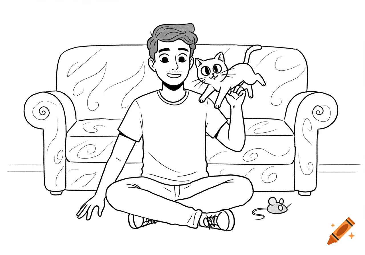 A black and white cartoon drawing of a man sitting on the floor with a cat on his shoulder, in front of a couch.