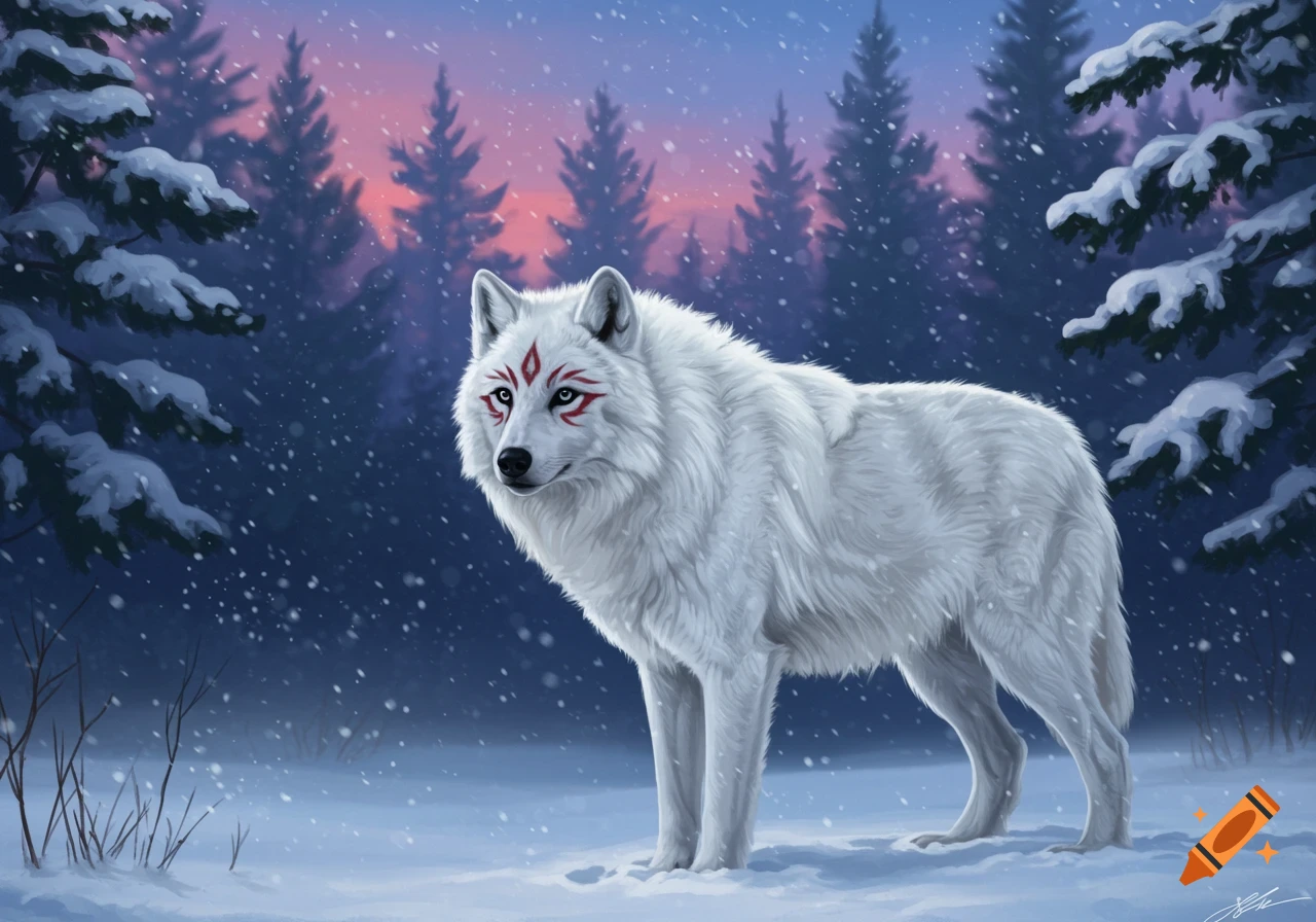 A white wolf with red markings stands in a snowy forest at dusk, with pine trees and falling snow.