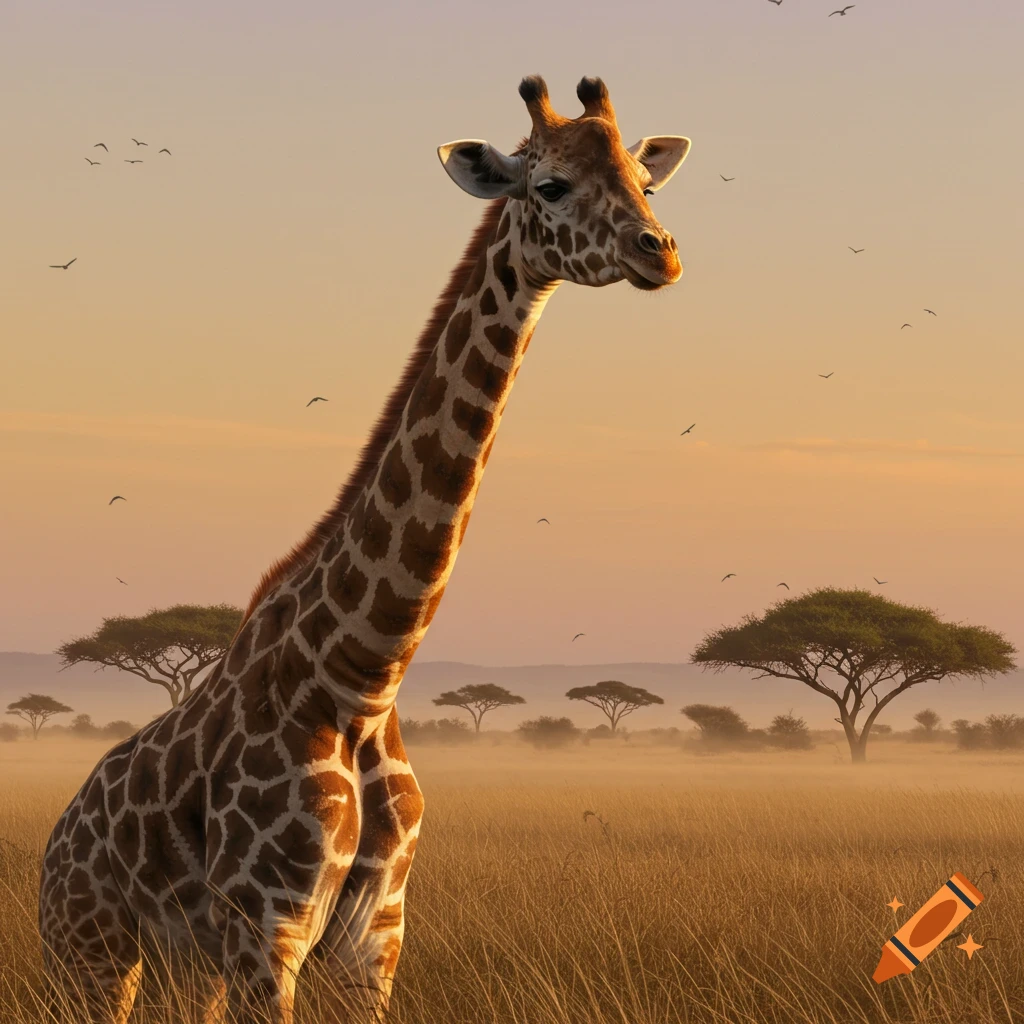 A photorealistic image of a giraffe standing in a golden savanna landscape at sunrise or sunset, with acacia trees and birds in the misty background.
