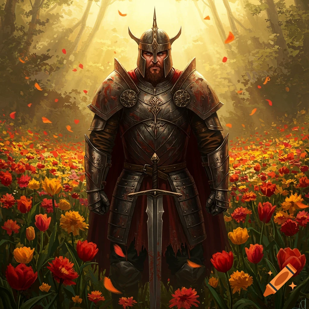 A battle-hardened warrior in dark, horned armor stands with a sword in a field of vibrant red and yellow flowers under sunlit trees.