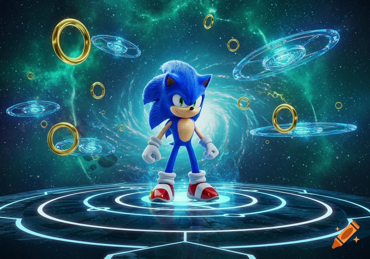 Sonic the Hedgehog stands on a glowing blue platform in a cosmic, green and blue nebula filled with golden rings and futuristic discs.