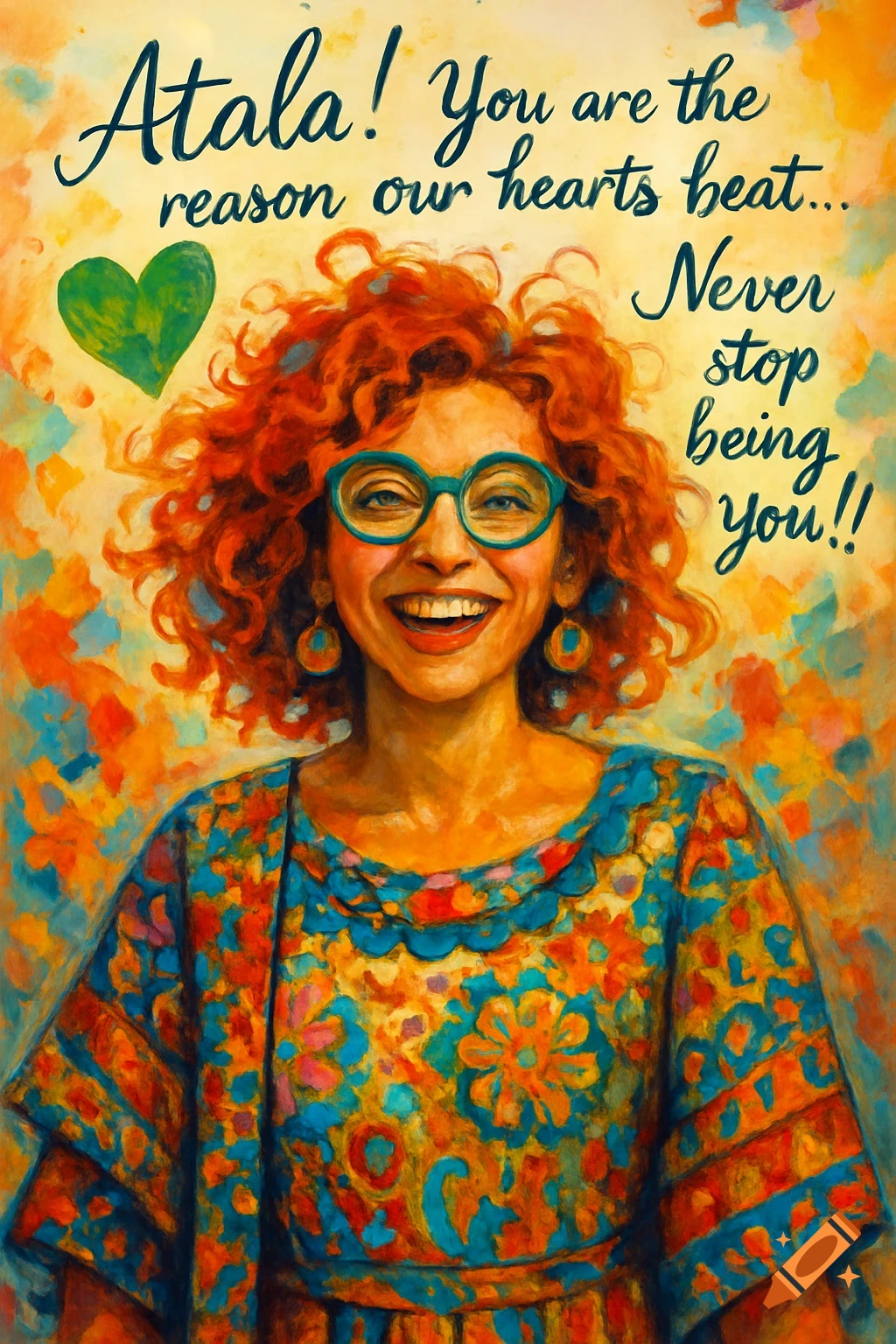 A vibrant, painterly portrait of a smiling woman with red curly hair and green glasses, wearing colorful clothes. Text says 'Atala! You are the reason our hearts beat... Never stop being you!!' with a green heart.