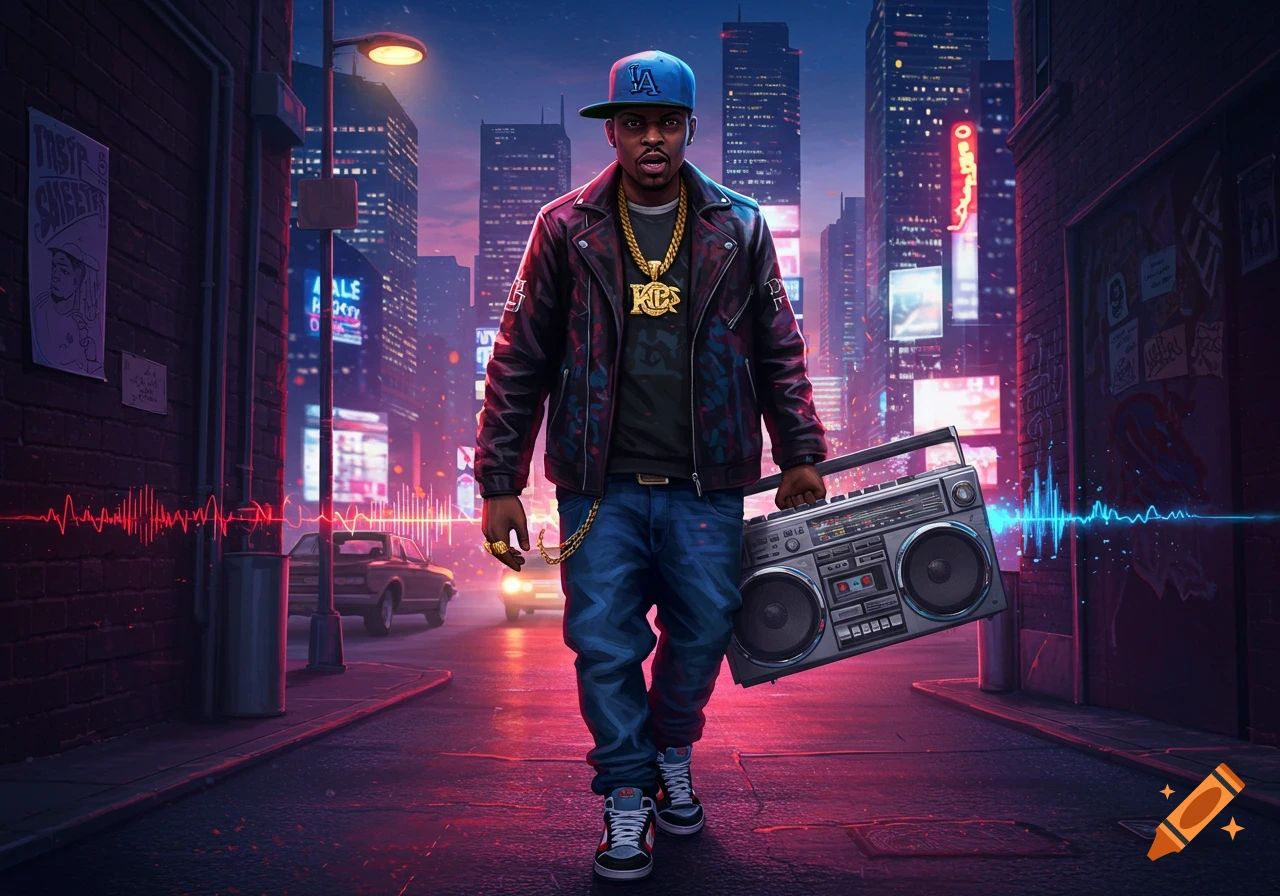 A man dressed as a rapper with a baseball cap, leather jacket, and gold chain walks down a neon-lit city street at night, carrying a large boombox.