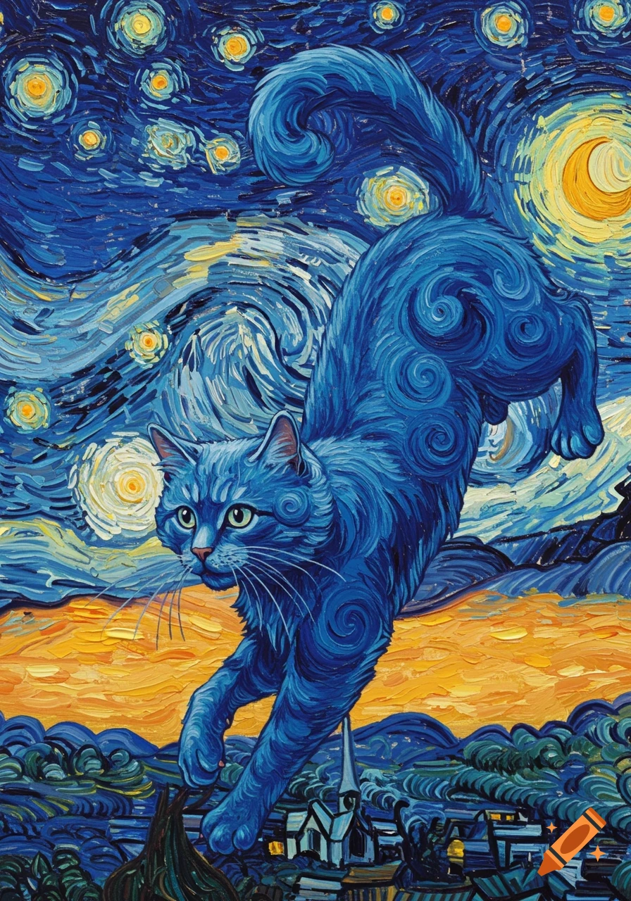 A vibrant blue cat jumps against a swirling, starry night sky with a yellow crescent moon, painted in the impasto style of Vincent van Gogh, with a village landscape below.