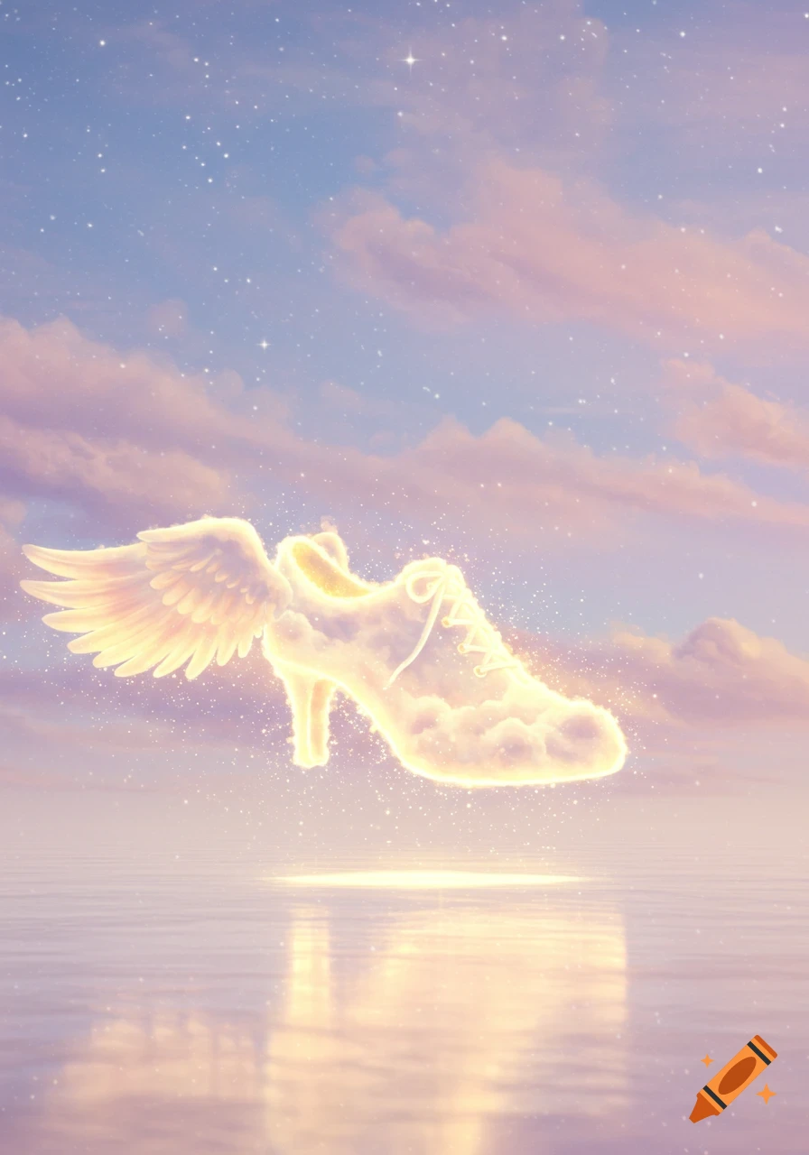 A luminous, cloud-like high-heeled shoe with white wings floats above shimmering water under a pastel pink and blue sky filled with stars.