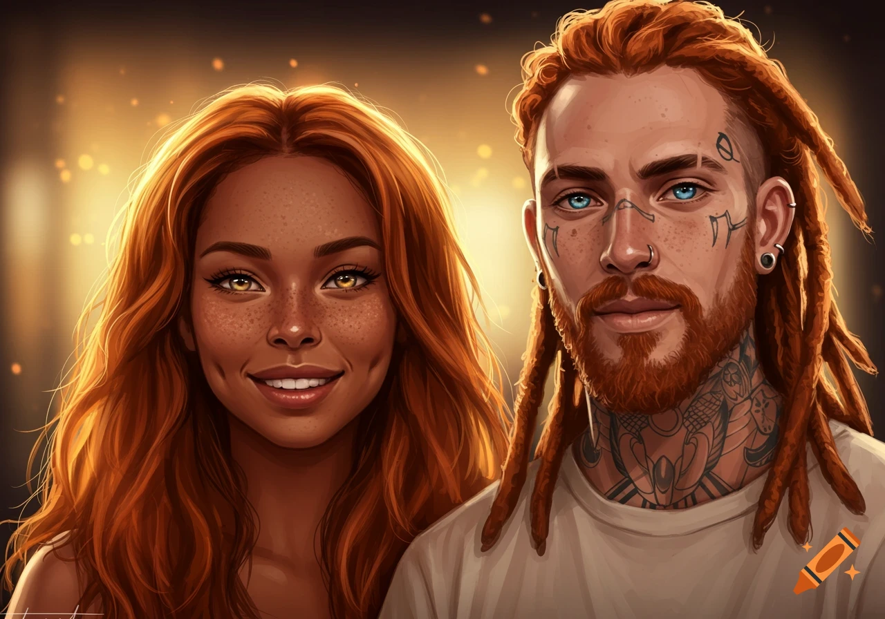 A vibrant digital art portrait of a smiling woman with long ginger hair and freckles next to a man with ginger dreadlocks, beard, and tattoos, against a glowing background.