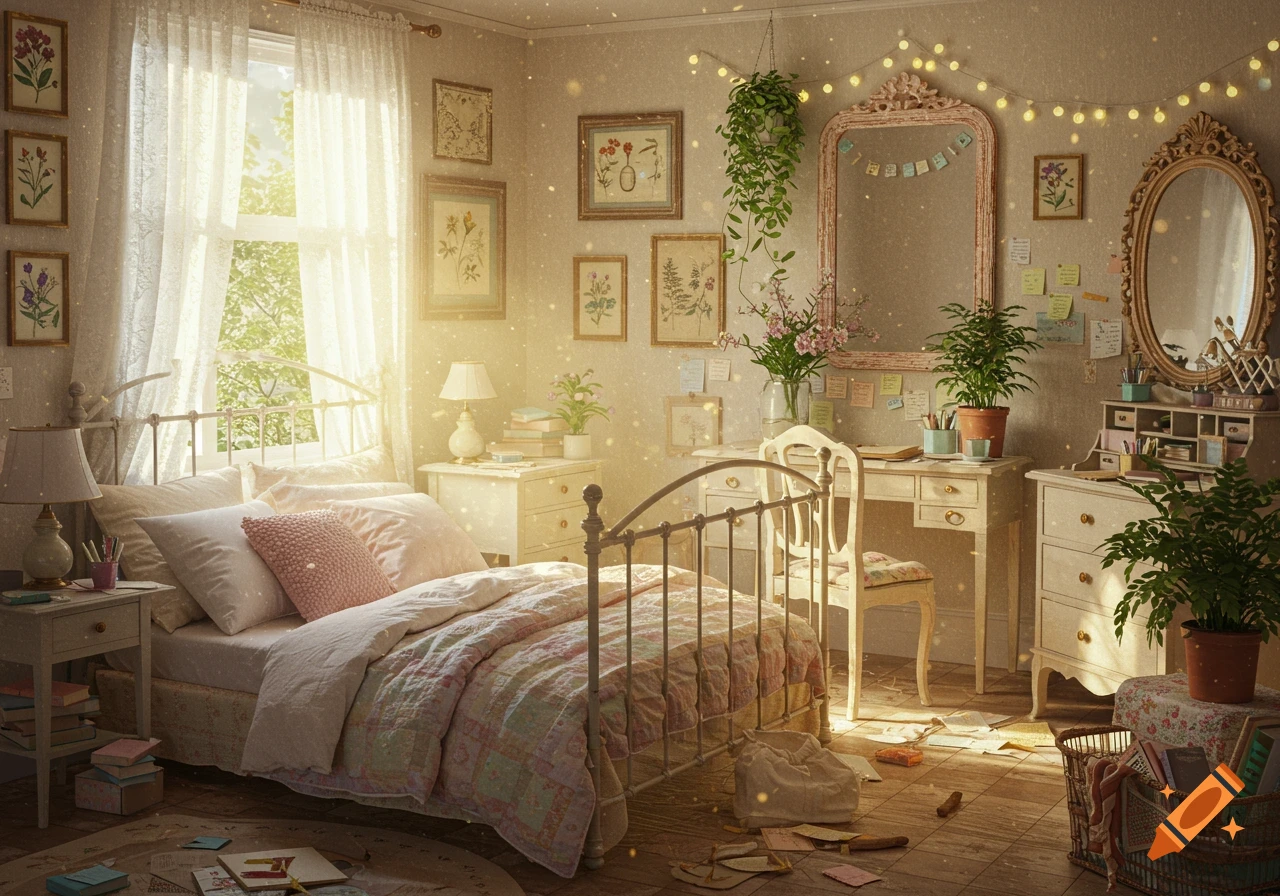 A sunlit, cozy bedroom with a metal bed frame, pastel bedding, a desk, and potted plants, featuring botanical art and fairy lights.
