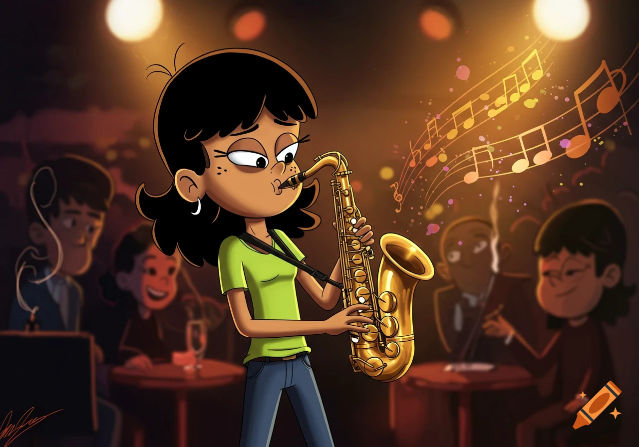 Cartoon character Stella Zhau playing a saxophone on a dimly lit stage with musical notes floating around her.