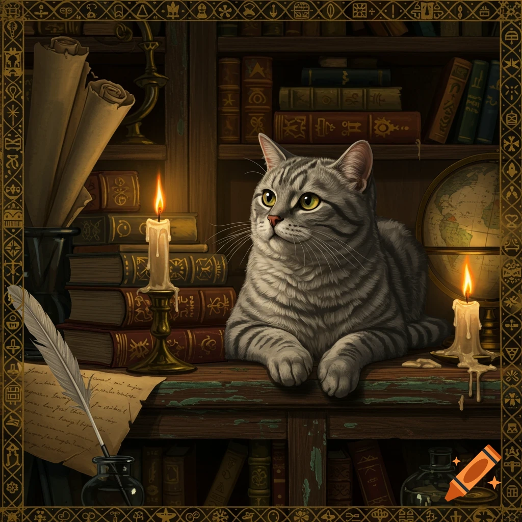 A gray tabby cat sits on a wooden shelf surrounded by old books, lit candles, a quill, and a globe, within an ornate frame.