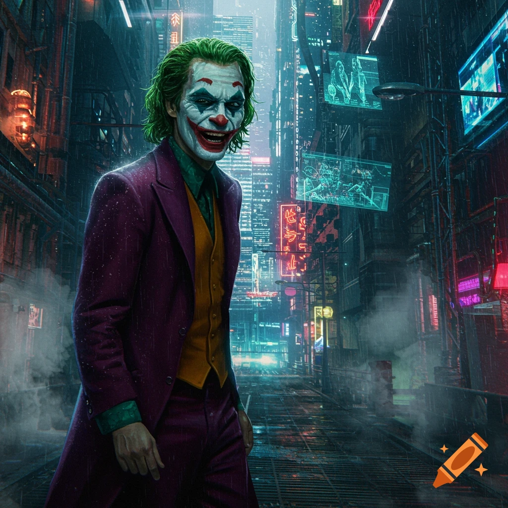 The Joker stands smiling in a rainy, neon-lit cyberpunk city street, illuminated by vibrant signs.