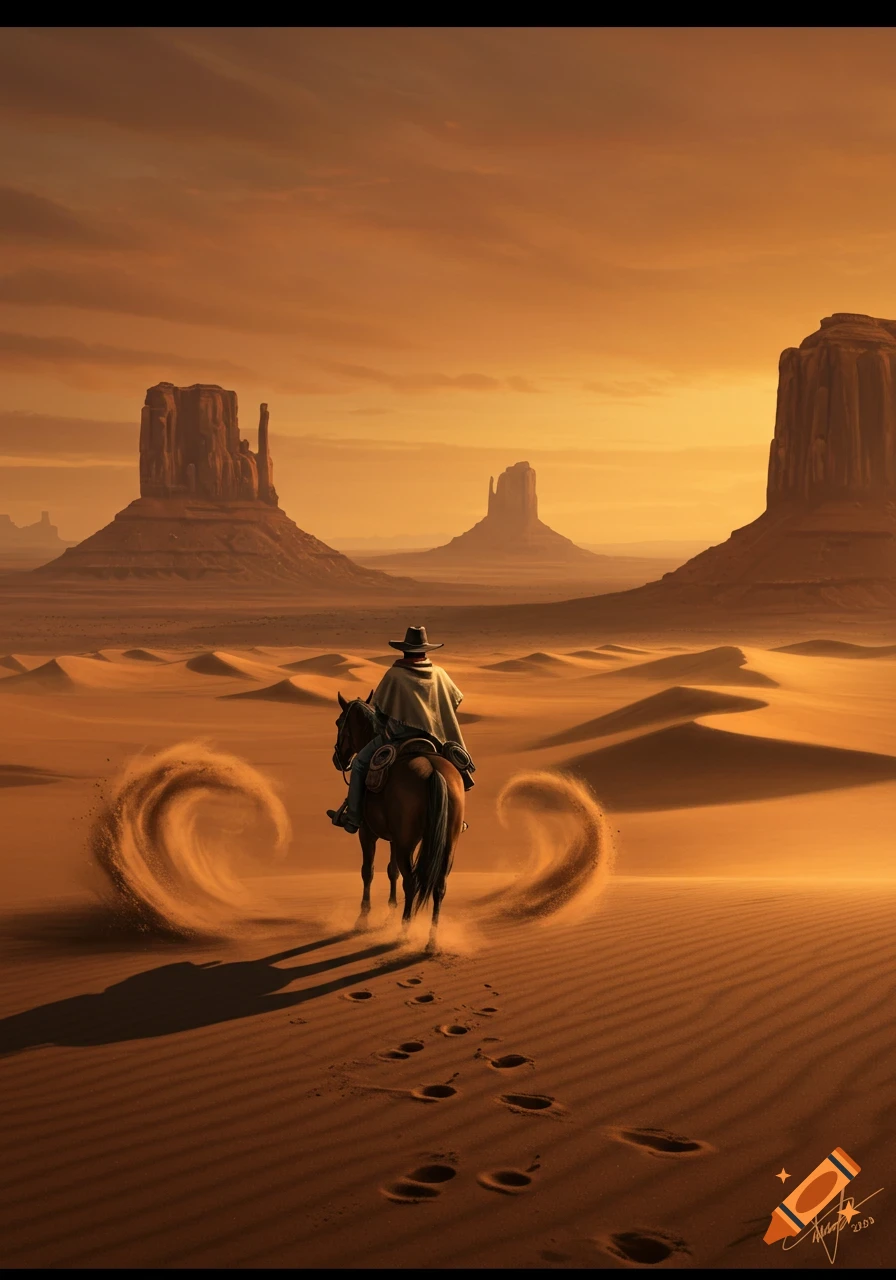 A cowboy on horseback rides through a vast, sandy desert with towering buttes under a golden sunset.