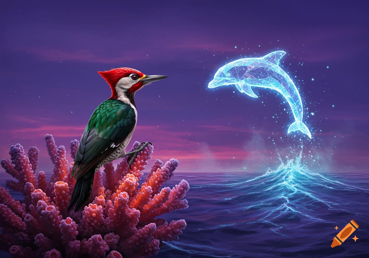A vibrant digital artwork of a woodpecker perched on coral, gazing at a glowing, polygonal dolphin leaping from the ocean under a purple sky.