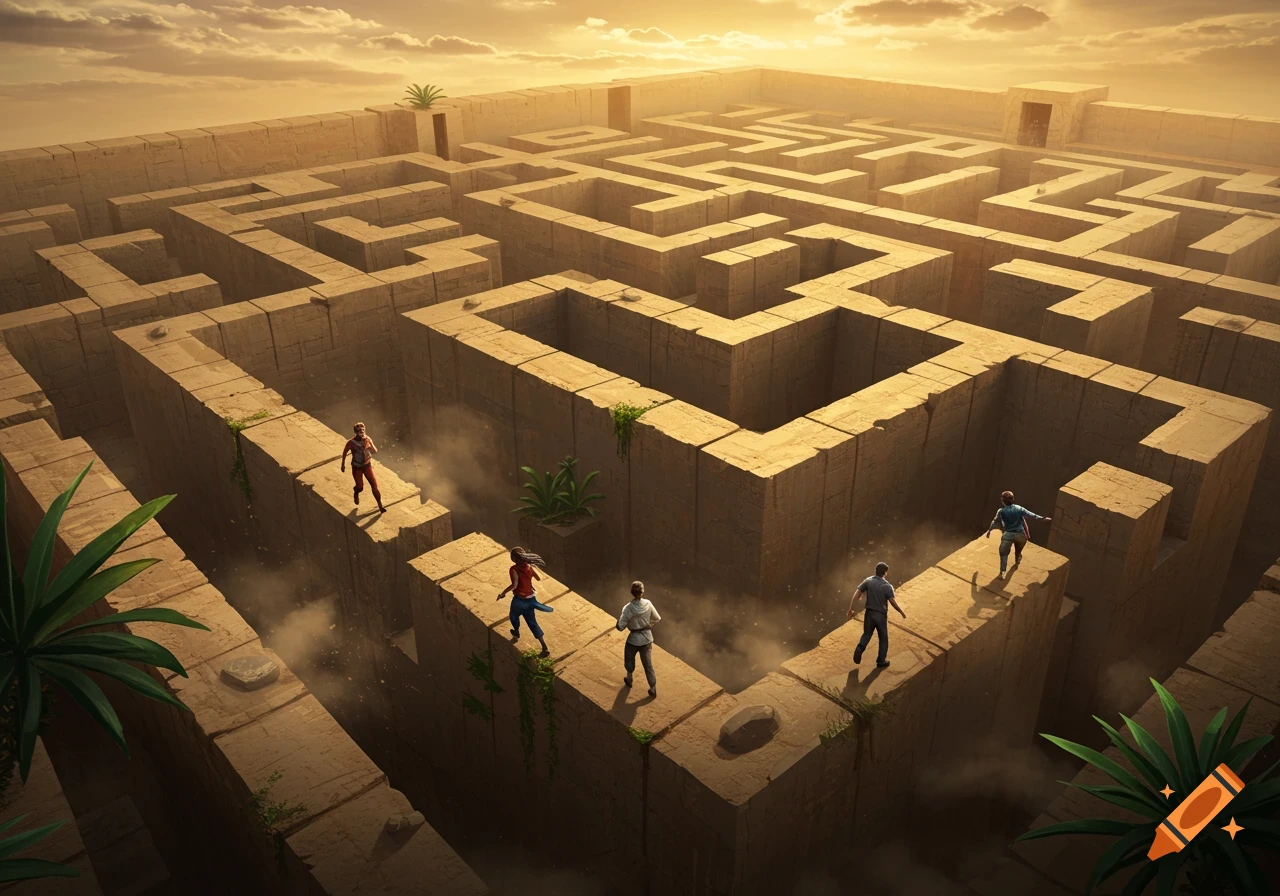 A group of people navigate a massive ancient stone maze under a golden sky, with dust and fog rising from the depths.