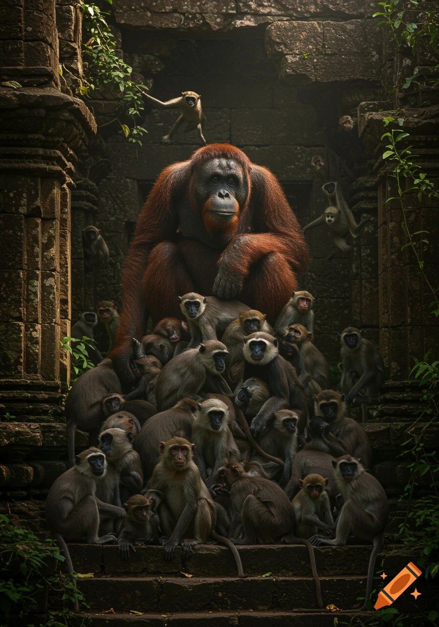 A large orangutan sits among many smaller monkeys and gibbons on stone steps within dark, ancient ruins, surrounded by lush green foliage.