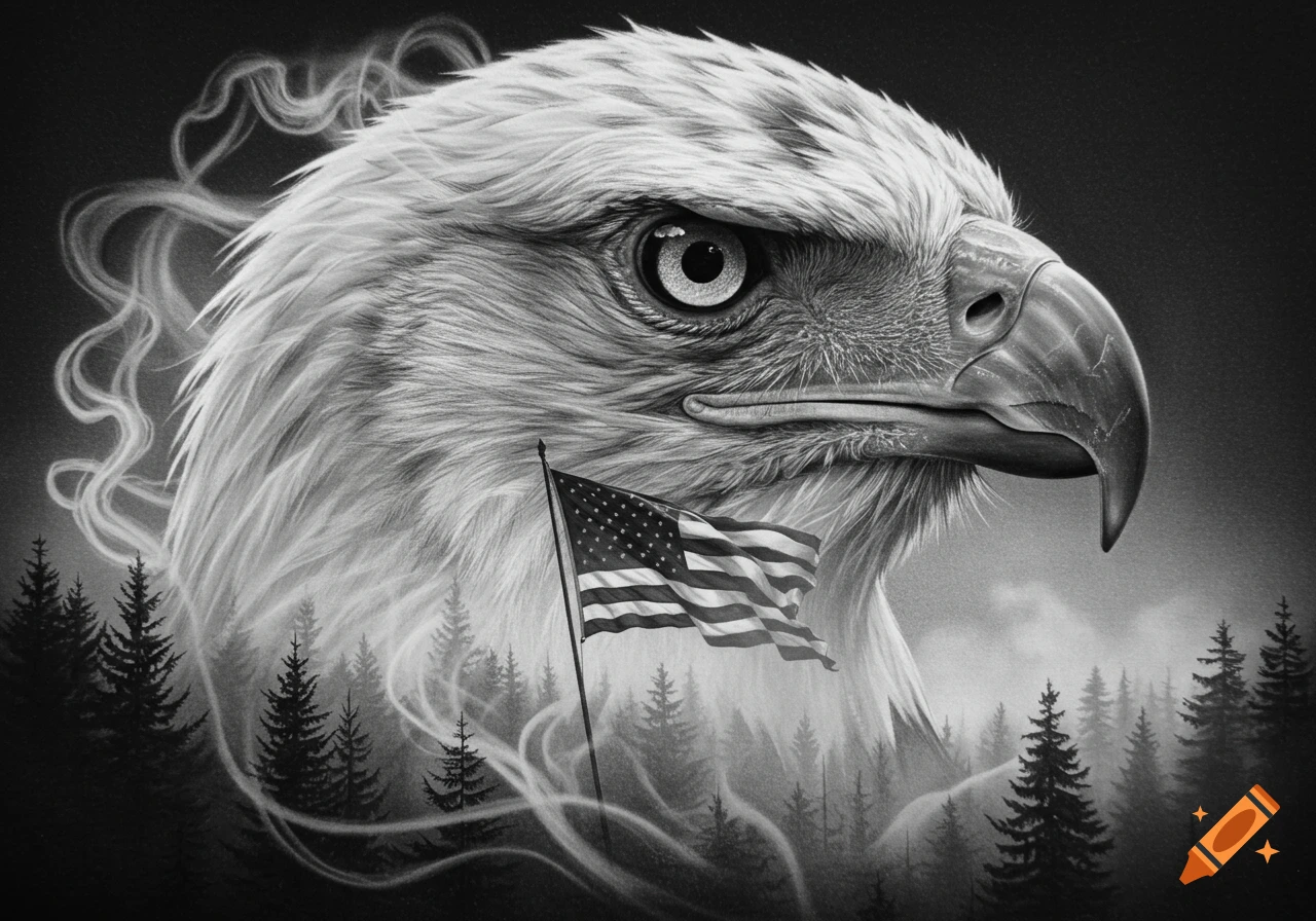 Detailed charcoal drawing of a bald eagle's head superimposed over a misty forest, with an American flag in the foreground.