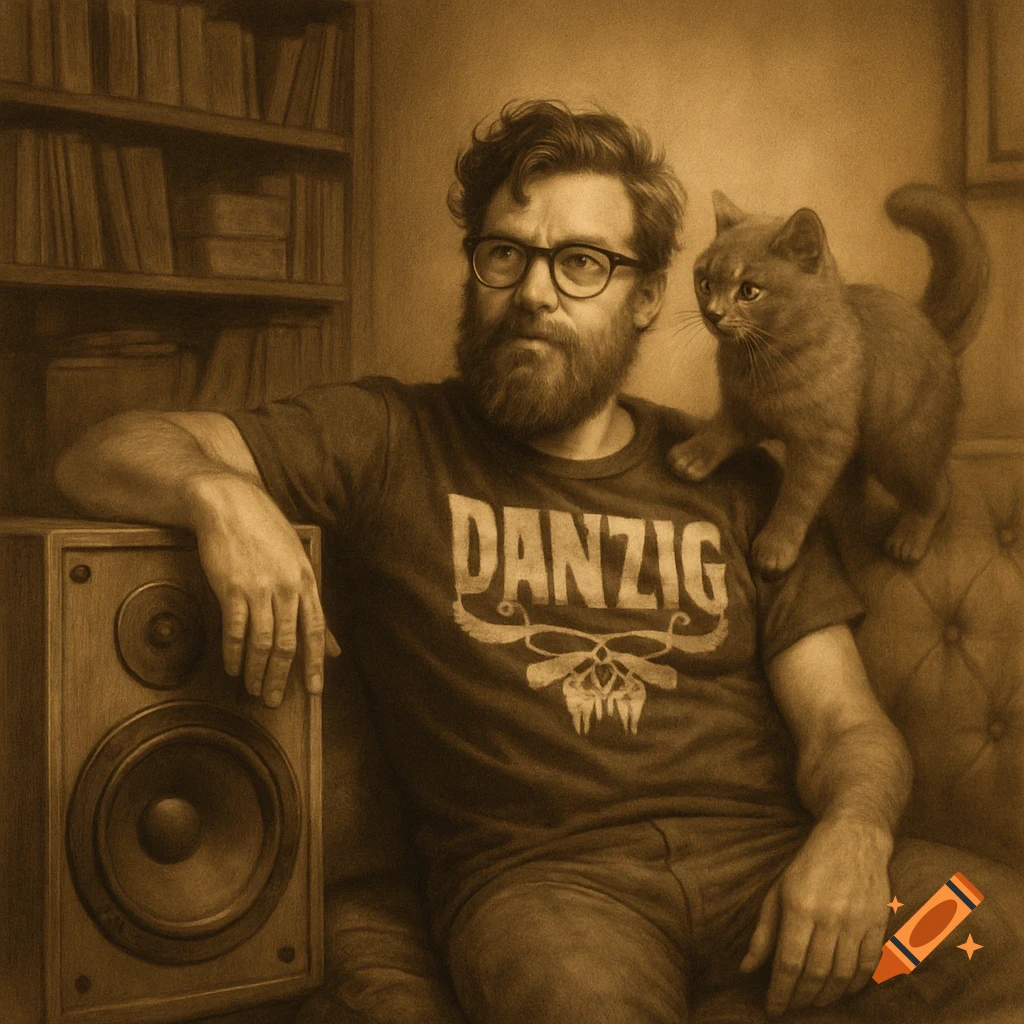 A bearded man in glasses wearing a Danzig T-shirt sits next to a speaker, as a gray cat climbs onto his shoulder. Sepia-toned illustration.