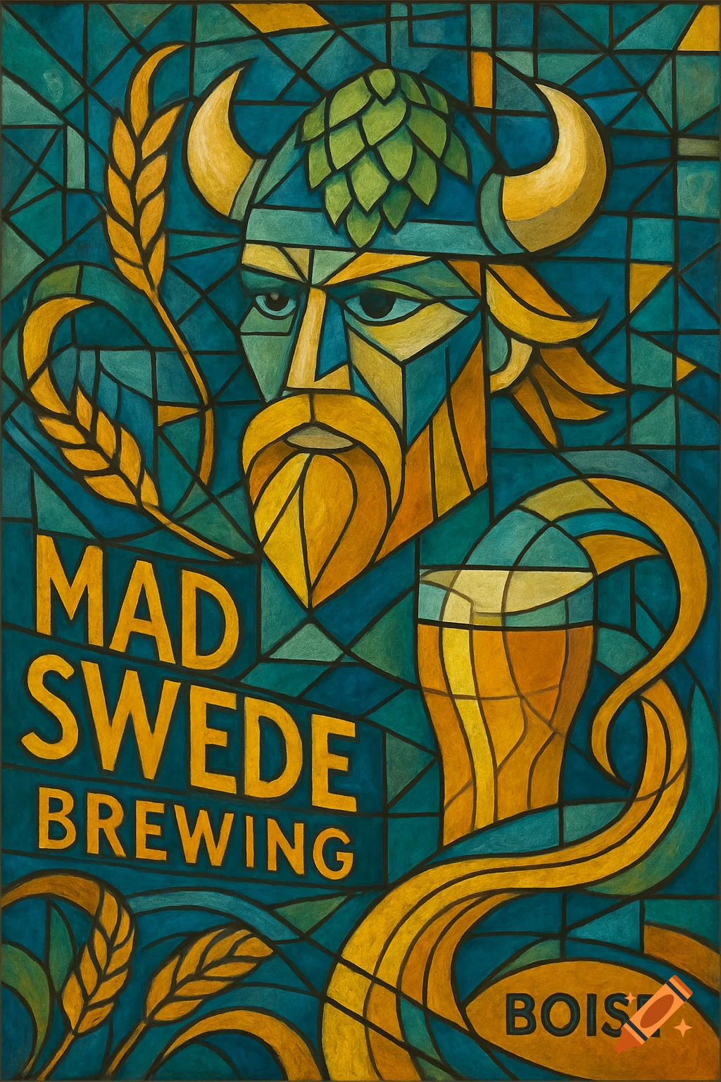 A stained-glass style poster featuring a stylized Viking face, a glass of beer, and wheat, with text "MAD SWEDE BREWING BOISE".