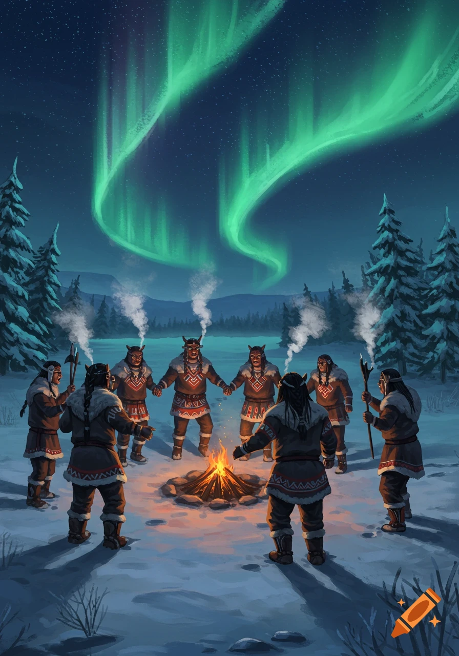 An illustration of people in traditional attire standing around a campfire under the aurora borealis in a snowy forest.