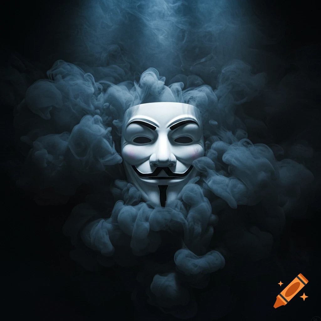 A white Guy Fawkes mask emerges from swirling blue-gray smoke on a dark background, with light shining from above.