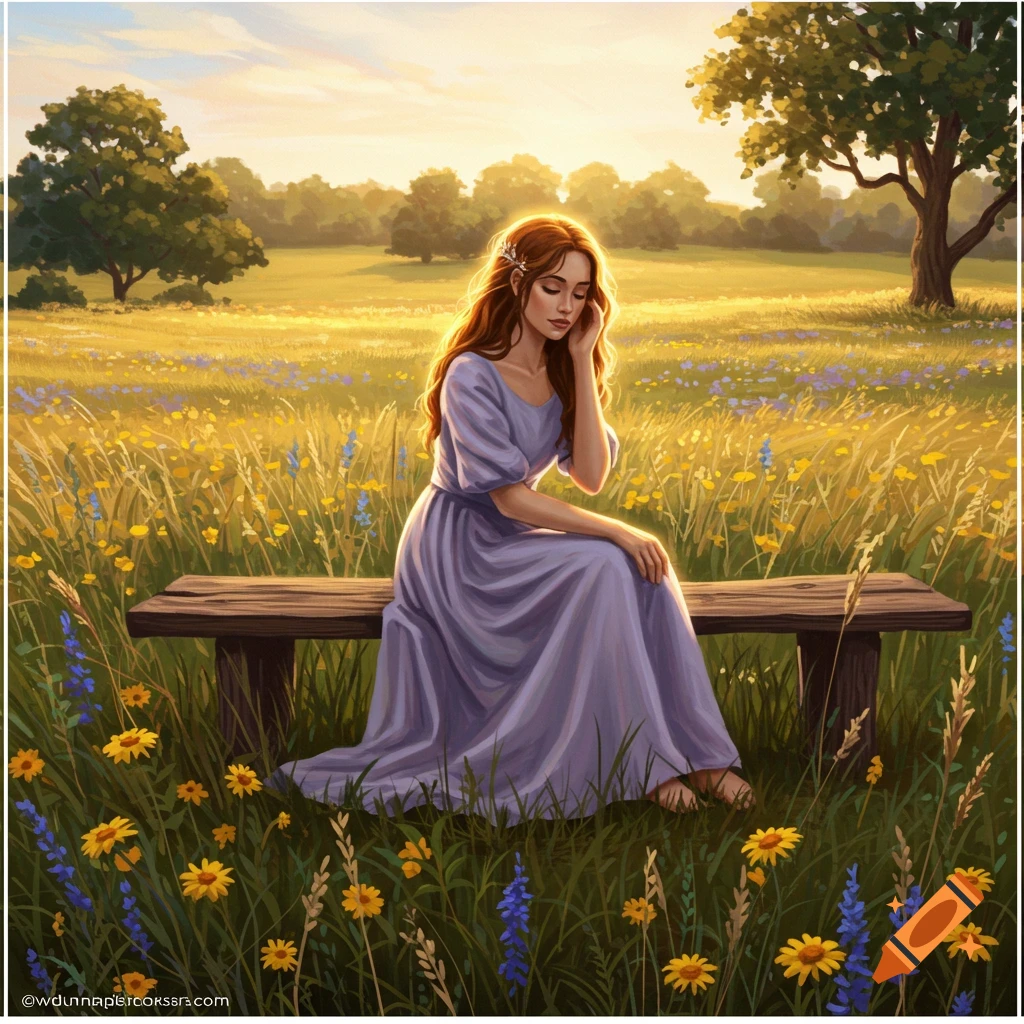 A woman with long hair in a purple dress sits on a bench in a field of yellow and purple wildflowers at sunset.