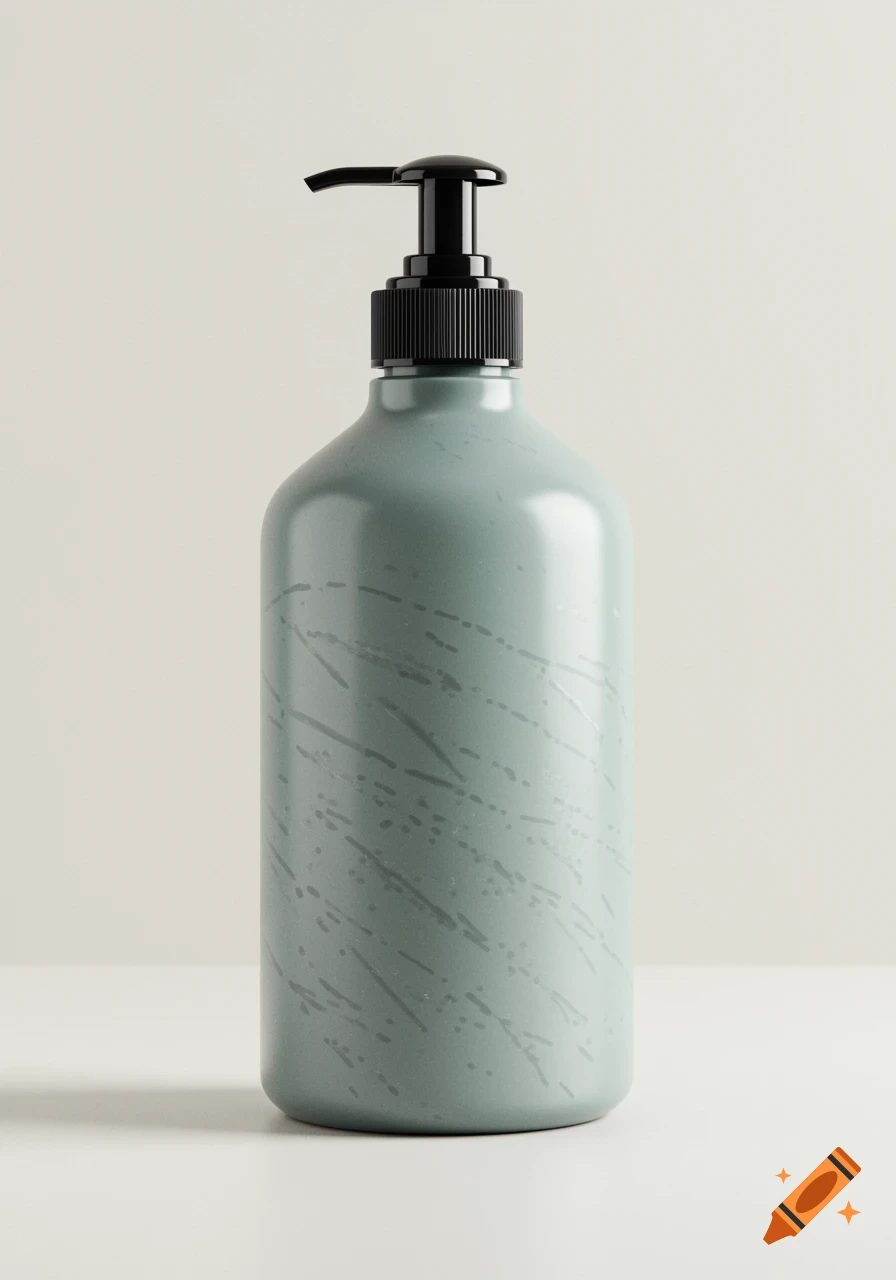 A close-up, photorealistic image of a sage green soap bottle with a black pump, featuring a speckled pattern.