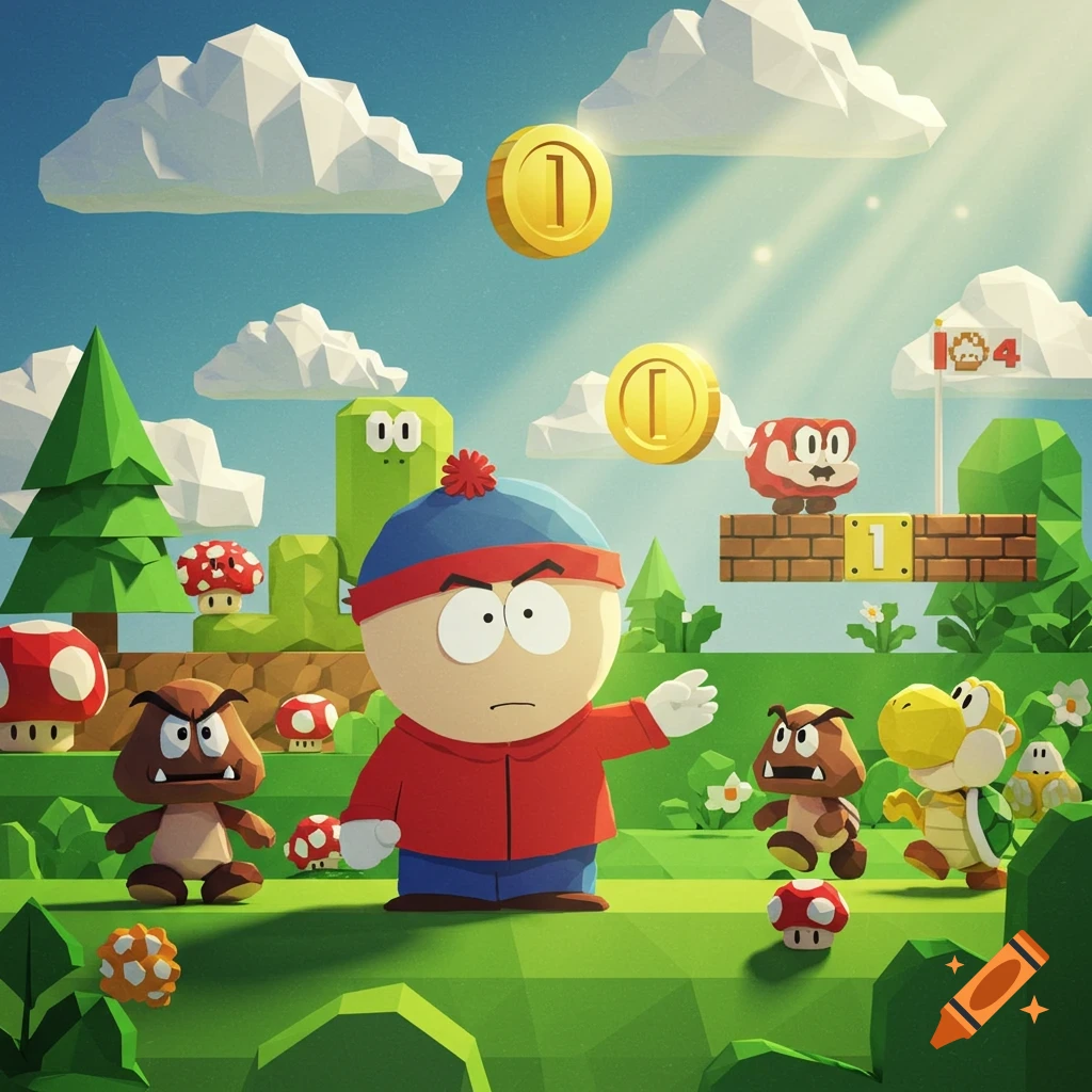 Stan Marsh from South Park, with a surprised expression, stands in a low-poly Super Mario Bros. 64-style landscape with Goombas, a Koopa Troopa, mushrooms, pipes, question blocks, and coins.