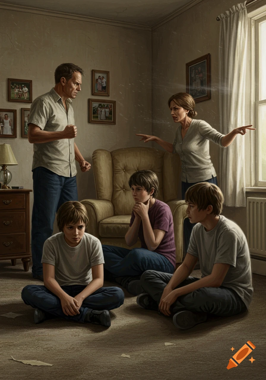 A distressed family in a living room, with parents arguing and three children sitting on the floor looking upset, in a realistic style.