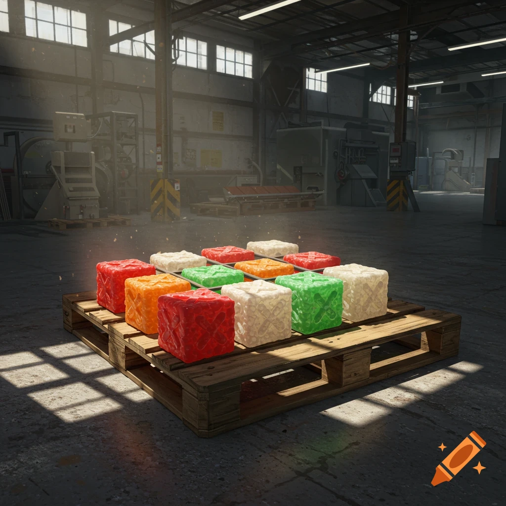 Colorful gelatinous cubes, resembling large candies, stacked on a wooden pallet in a sunlit industrial warehouse.