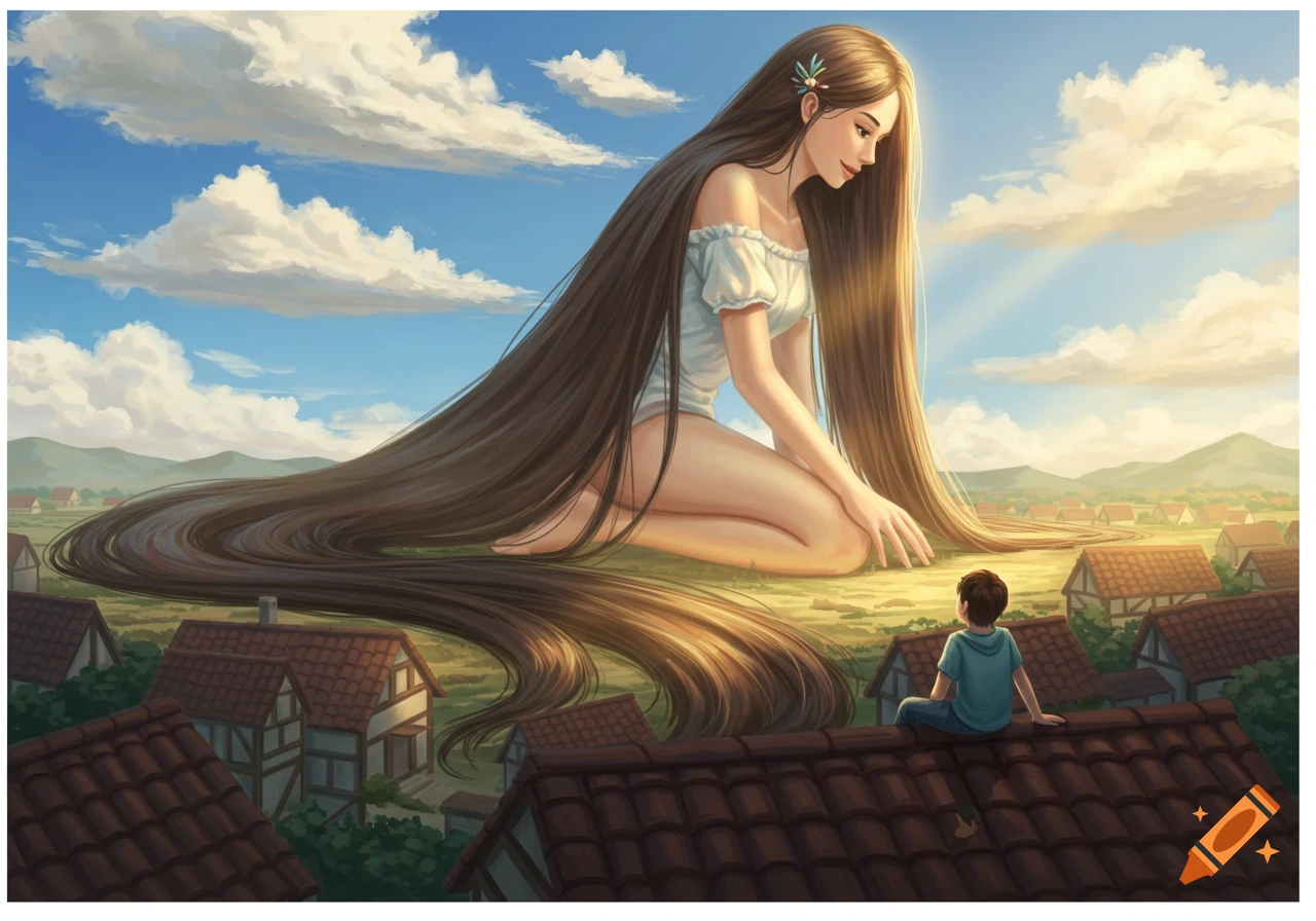 A giantess with long brown hair kneels in a field overlooking a village, as a small boy sits on a rooftop smiling up at her.