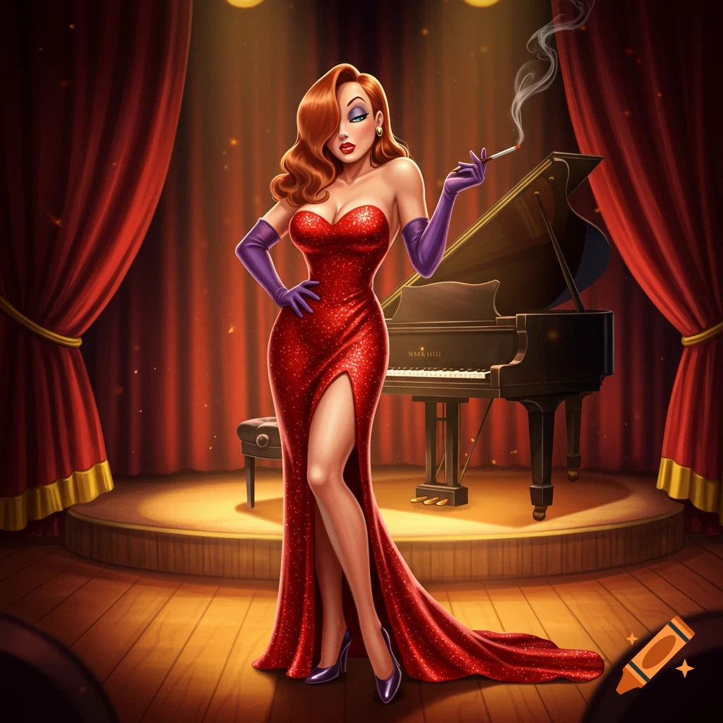 Jessica Rabbit in a sparkling red dress and purple gloves stands on a stage next to a grand piano, holding a cigarette.