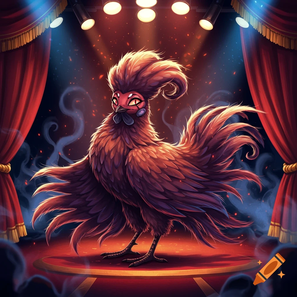 A stylized, dark brown feathered creature resembling a chicken with an ornate red and black face, on a red stage under spotlights with red curtains.