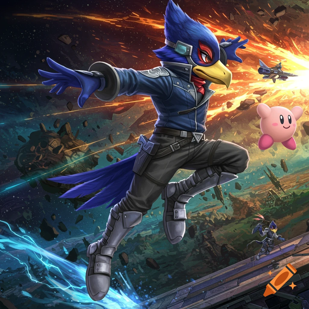 Falco Lombardi leaps into action with Kirby and a spaceship in a dynamic Super Smash Bros. mural style space battle scene.