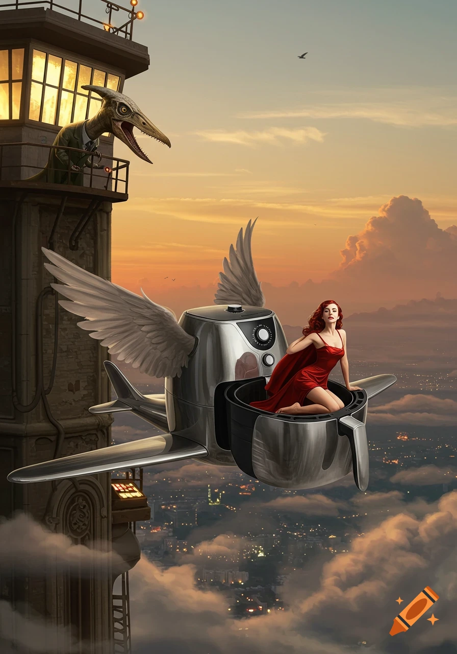 A pterodactyl in a suit overlooks a woman riding a winged air fryer over a city at sunset.