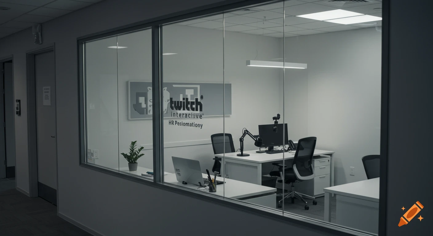 A view into a modern office through a glass wall, showing an empty desk setup and a sign for 'Twitch Interactive HR'.