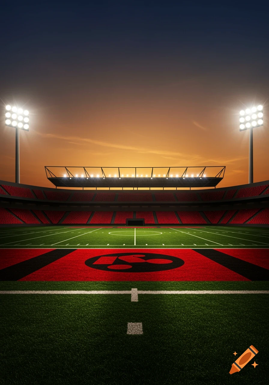 An empty football stadium at sunset with bright lights. The field is green with a red section and a black symbol.