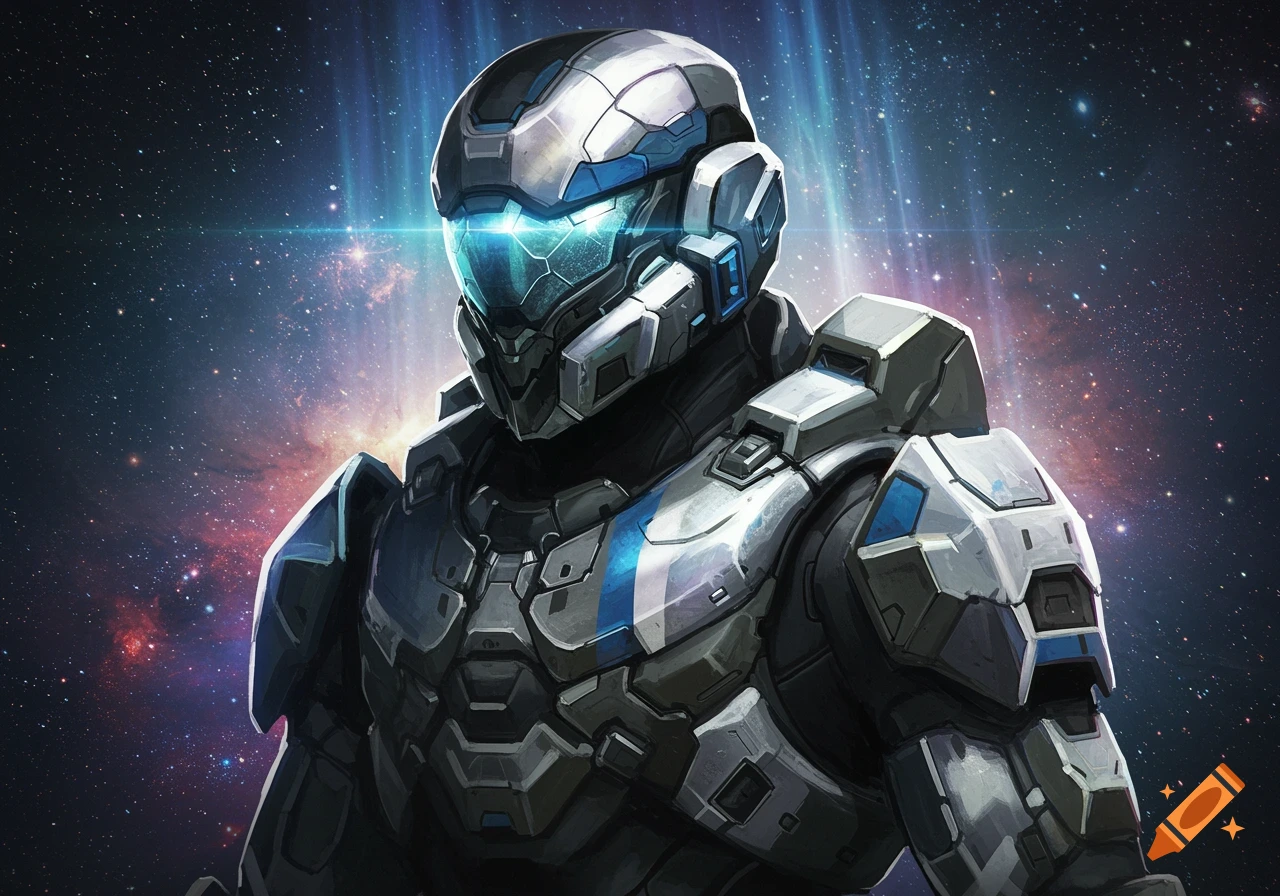 A futuristic soldier in white and blue armor with a glowing visor stands against a starry cosmic background.
