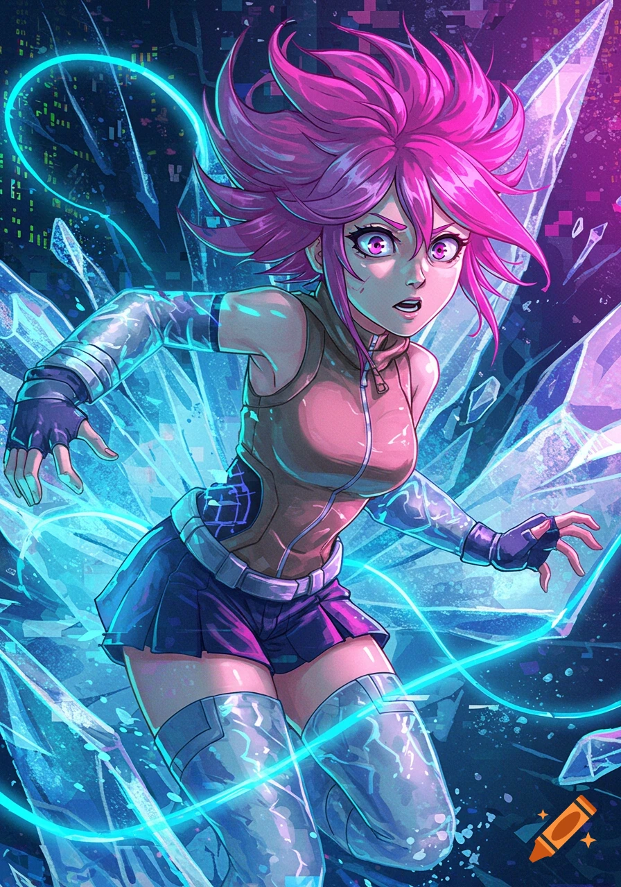 Digital art of Miko from Glitch Techs, a character with pink spiky hair and glowing eyes, surrounded by shattering blue ice.