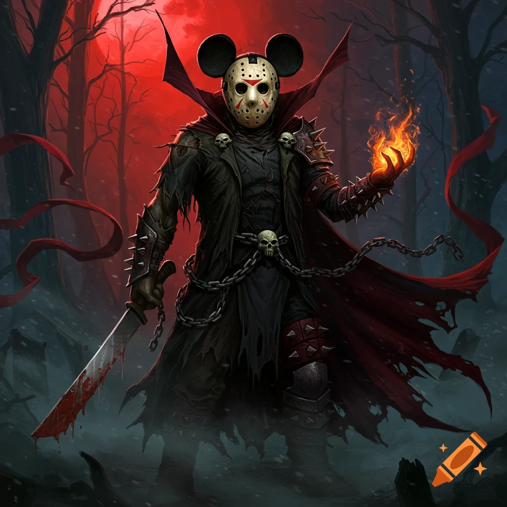 A dark horror character, a hybrid of Jason Voorhees, Mickey Mouse, and Spawn, holding a bloody machete and flaming orb in a red-lit forest.