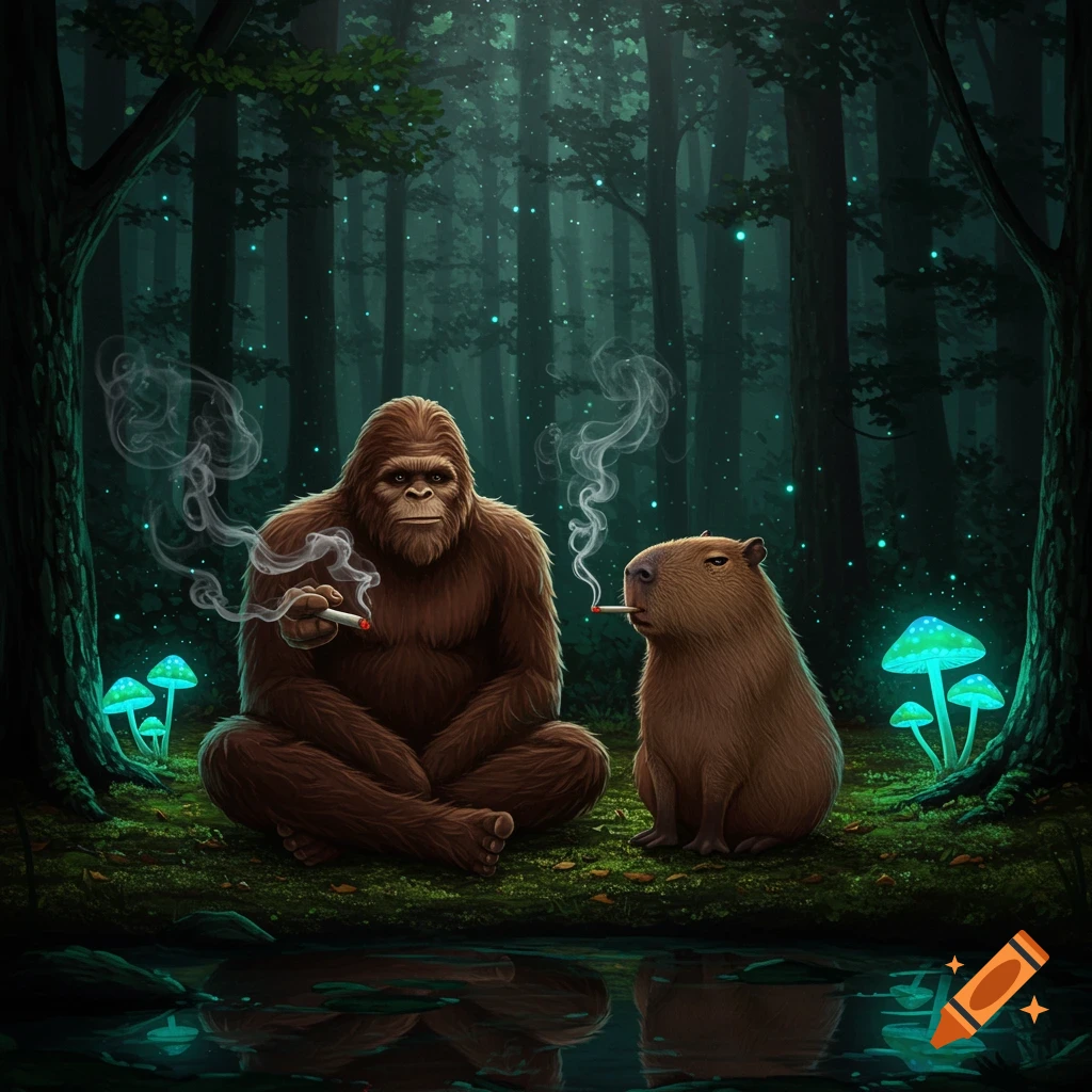 A photorealistic fantasy illustration of Bigfoot and a capybara sitting and smoking in a dark, enchanting forest with glowing blue mushrooms.