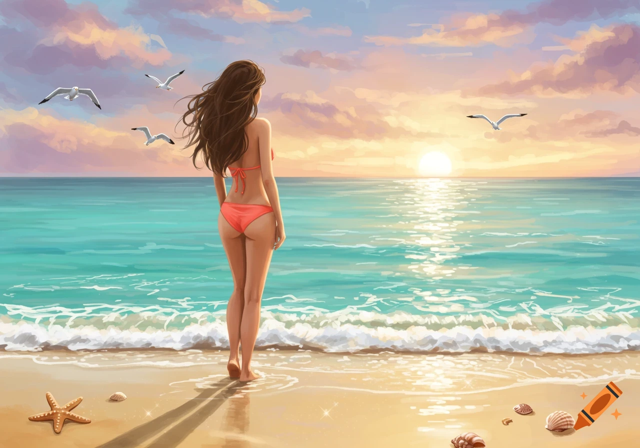 Illustration of a brunette woman in a bikini standing on a beach, gazing at the ocean and sunset with seagulls flying above.